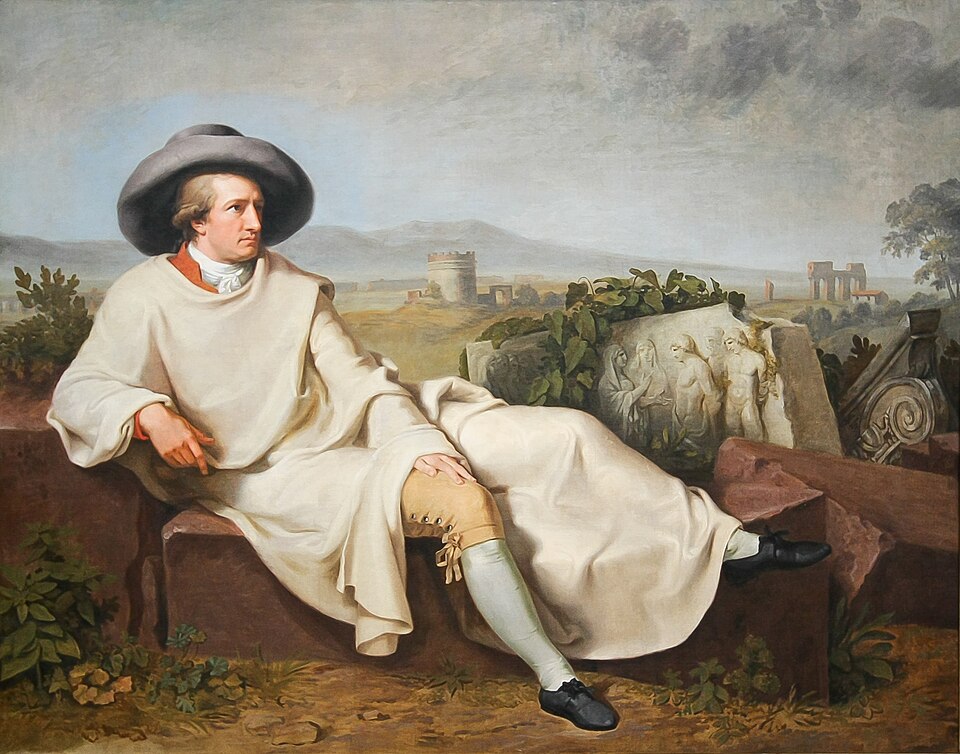 Goethe reclining on ancient ruins in a white cloak and wide hat, painted by Tischbein in 1787