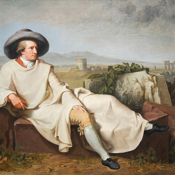 Goethe reclining on ancient ruins in a white cloak and wide hat, painted by Tischbein in 1787